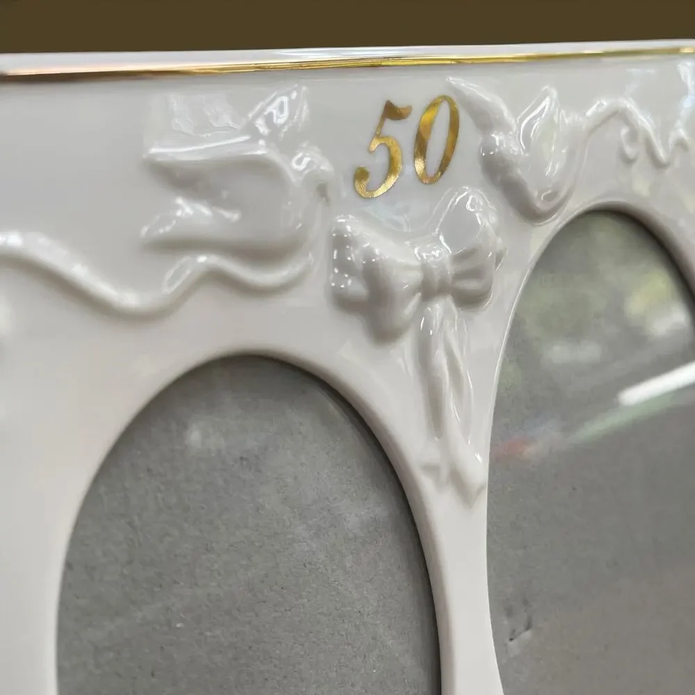 Vtg Porcelain 50th Wedding Anniversary 2 Picture Frame Golden Cream Ornate Russ